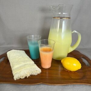 VTG MCM Blendo Frosted Glass Lemonade Set West Virginia Glass Co Pitcher Glasses